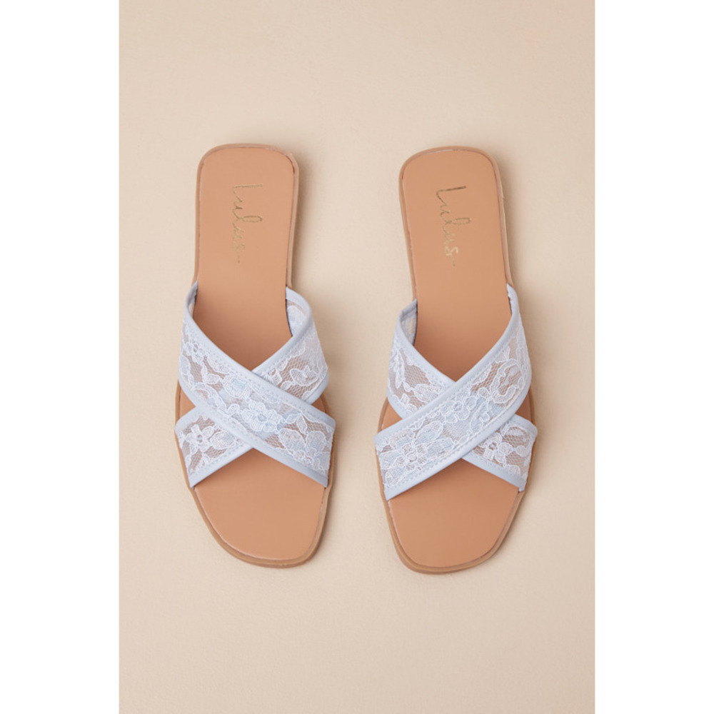 Lulus Anicka Baby Blue Floral Lace Slide Sandals - Size 5